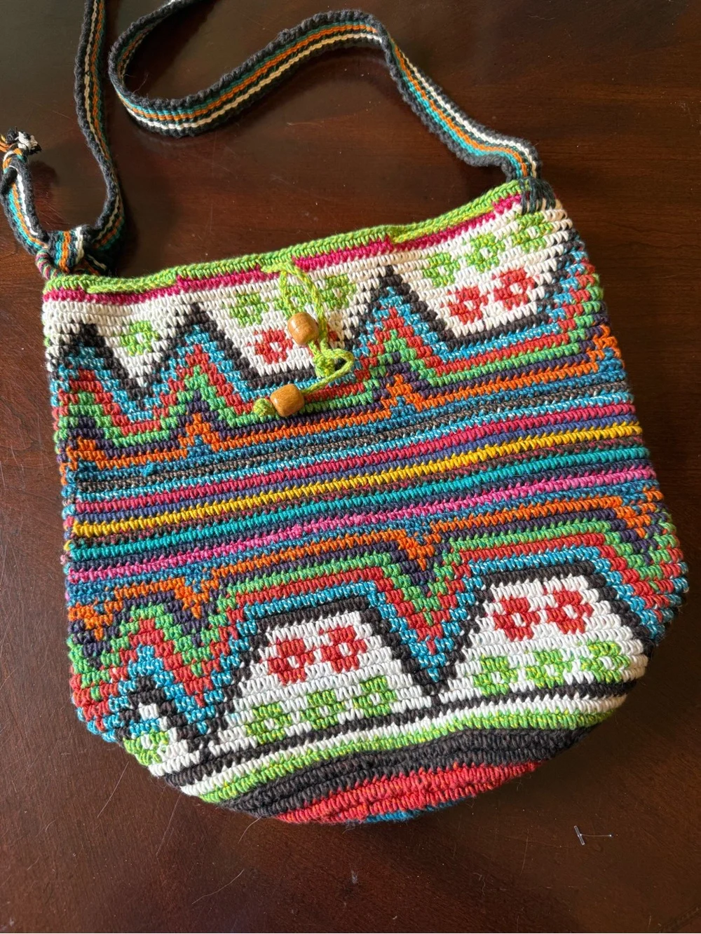 Crochet Bucket Bag Multicolor Geo Pattern Boho Festival Hippie Beaded Purse
